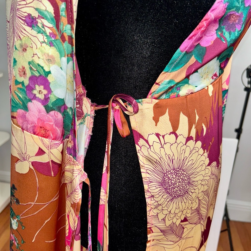 Lulus Floral Wrap Maxi Dress – Multicolor Silk Satin Feel (Size S) - Picture 7 of 9
